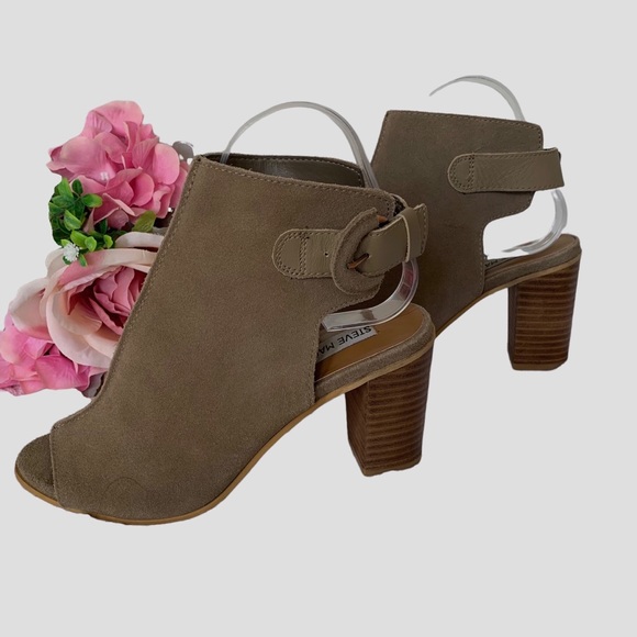 STEVE MADDEN CATLYNA SUEDE PEEP TOE OPEN BACK BLOCK HEEL SANDAL BOOTIE - Picture 14 of 16